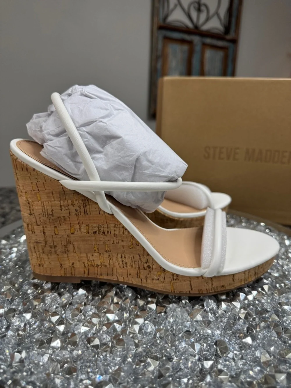 Steve Madden White leather Strappy Cork Wedge Sandals NEW 9.5
